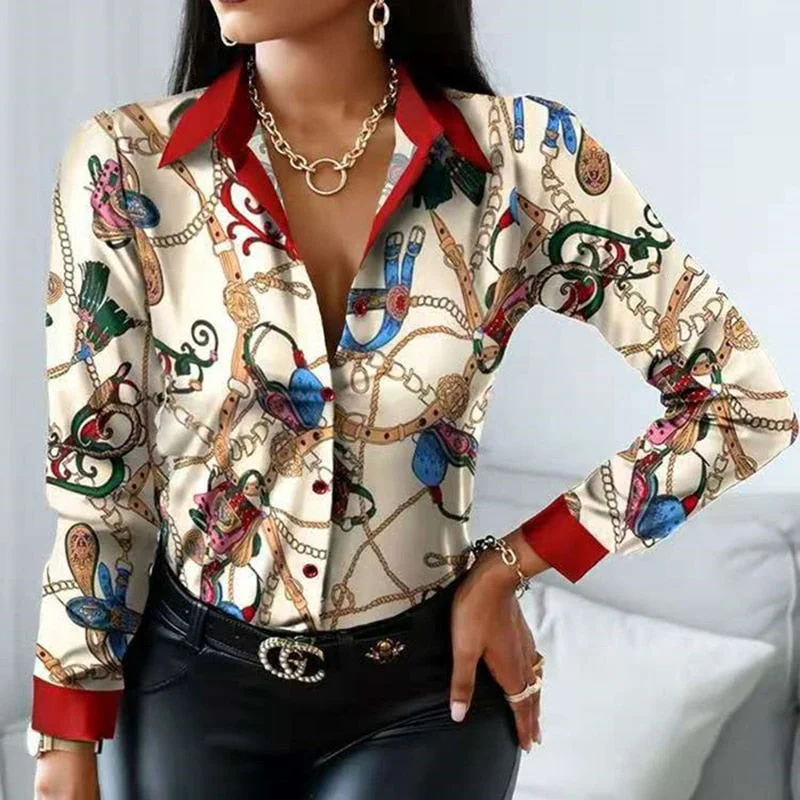 Women Vintage Floral Print Lacing Blouse Shirt Autumn Long Sleeve Sexy V Neck Ladies Top Casual Button Female Fashion Slim Blusa