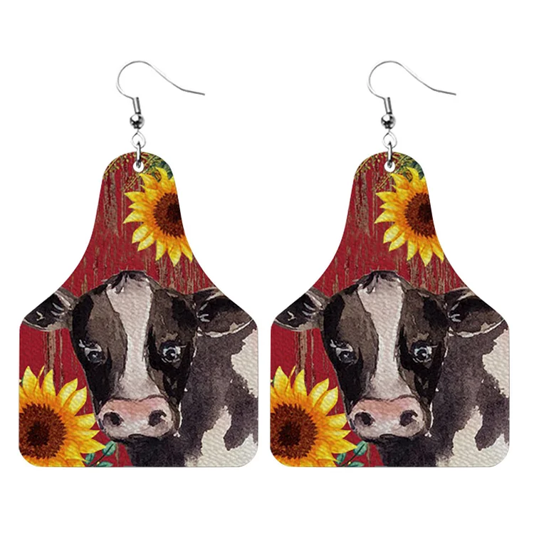 Retro Animal Cow Print Leather Dangle Earrings West Cowboy Ear Hook Jewelry-Annaletters