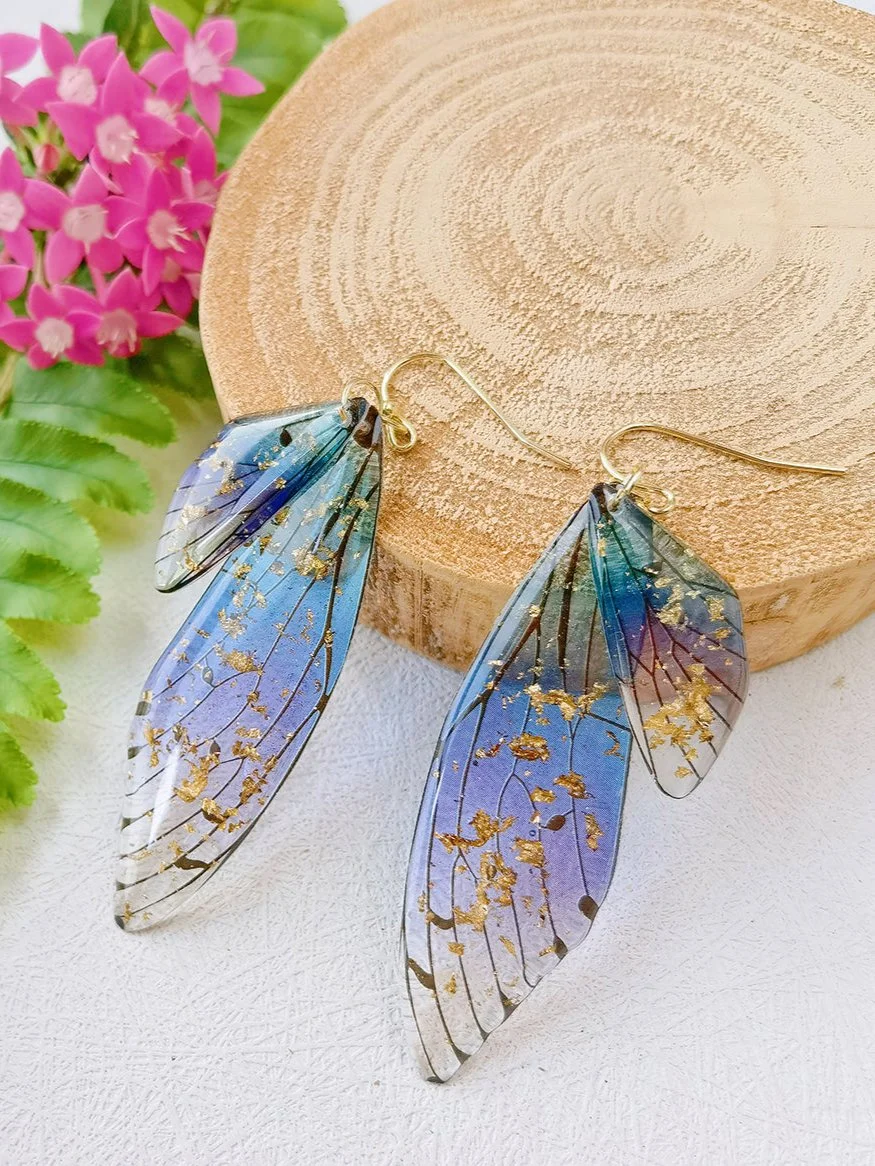 Butterfly Wing Handmade Crystal Gold Foil Earrings