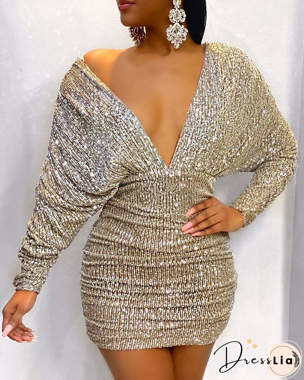 Ruched V-Neck Backless Bodycon Sequin Dress