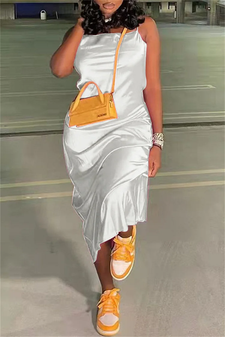 White Sexy Casual Solid Backless Spaghetti Strap Long Dress