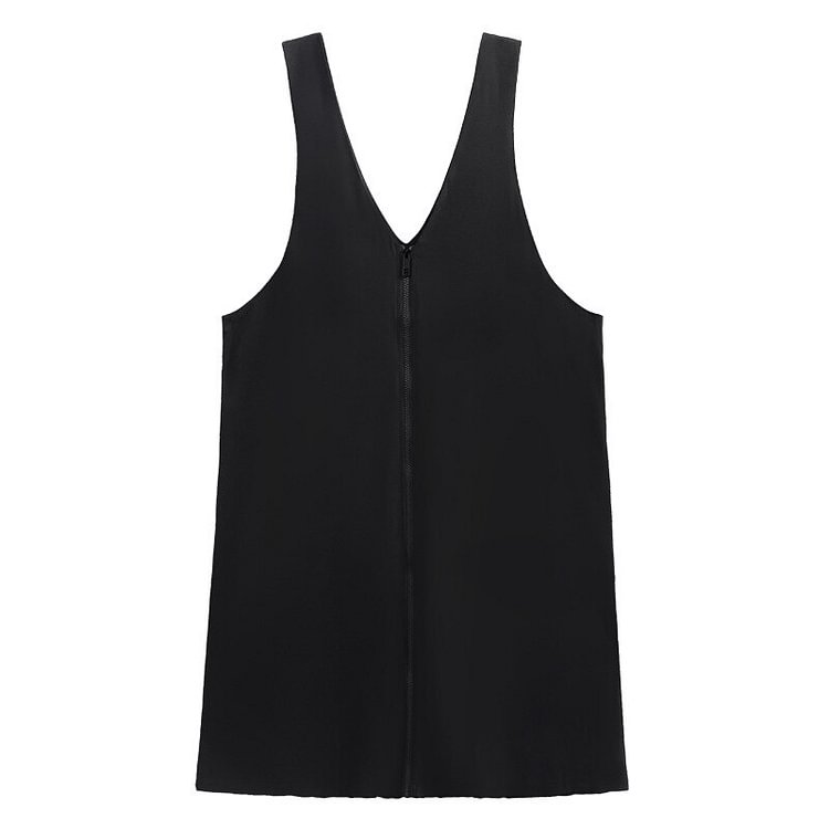 Fashion Loose Solid Color V-neck Splicing Zip-up Sleeveless Dress      