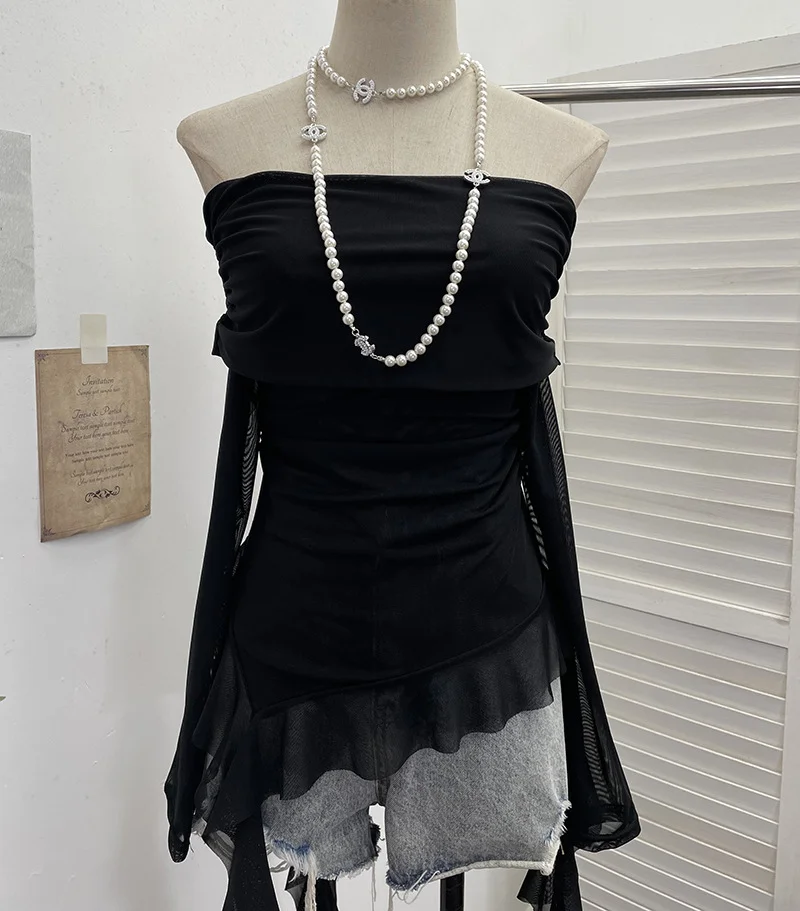 Nigikala Nigikala Shot A Word Shoulder Folded Top Girl Spring And Summer Side-Sleeve Strap Design French Long-Sleeved Mesh T-Shirt 9275