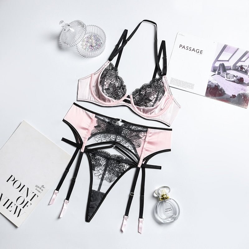 ECTOOKO 2022 Spring and Summer New Sexy Embroidery Set Underwear Women's Lingerie for WomenPink Black