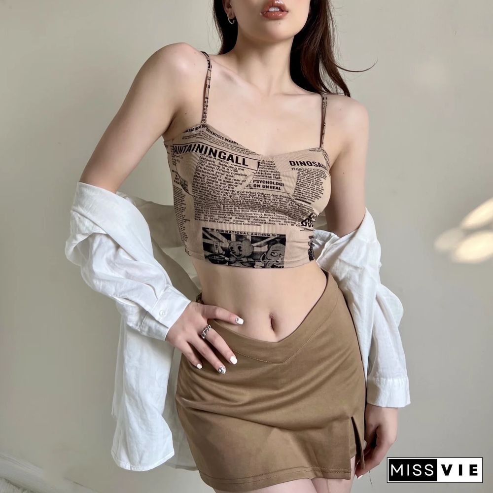Fashion Retro Newspaper Print Camisole Summer Top With Padded Breasts Harajuku Y2K Tops Women Ropa Mujer Топы