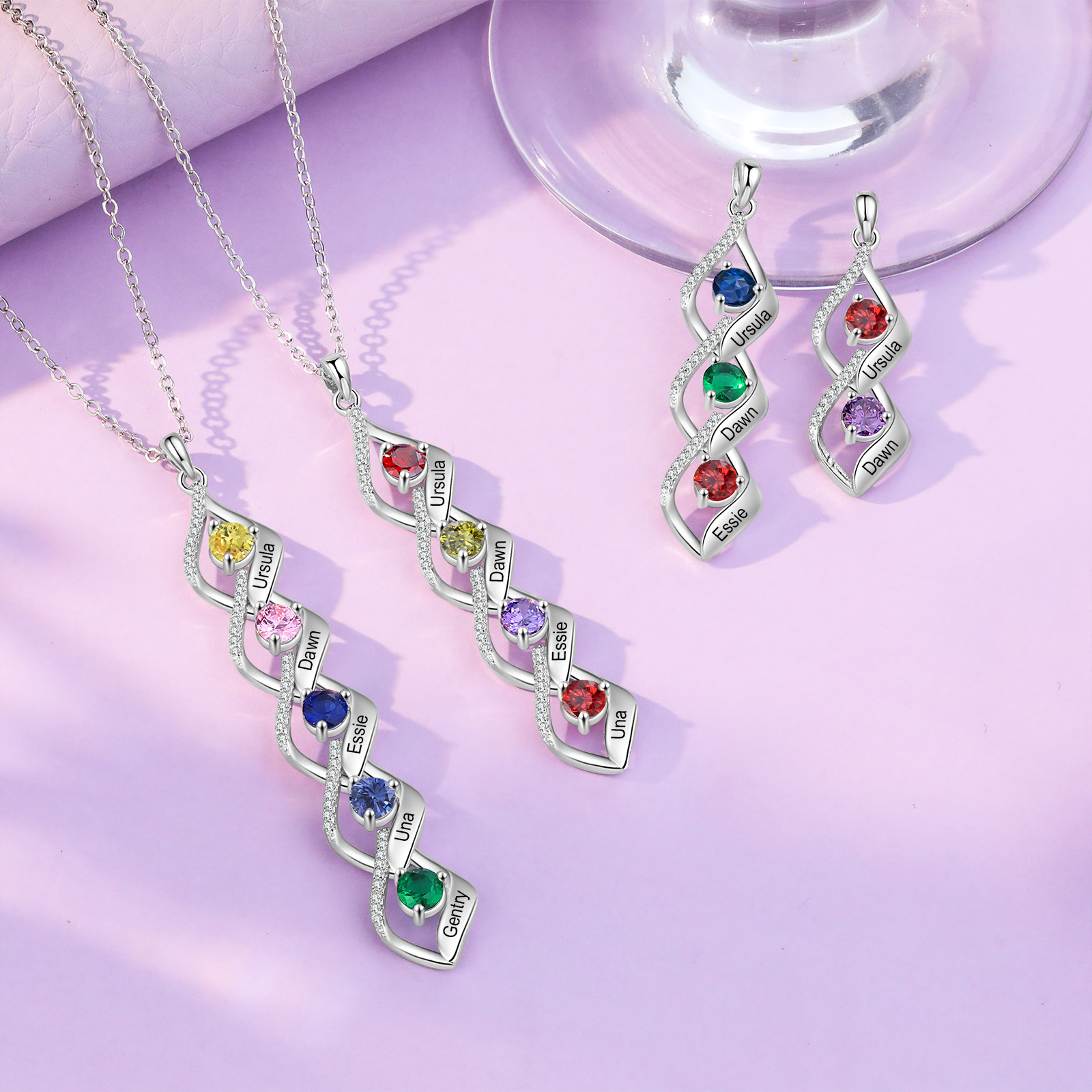 5 Names - Personalised Pendant Necklace Custom Birthstones & Names Necklace Birthday Gift for Her-Jessemade AU