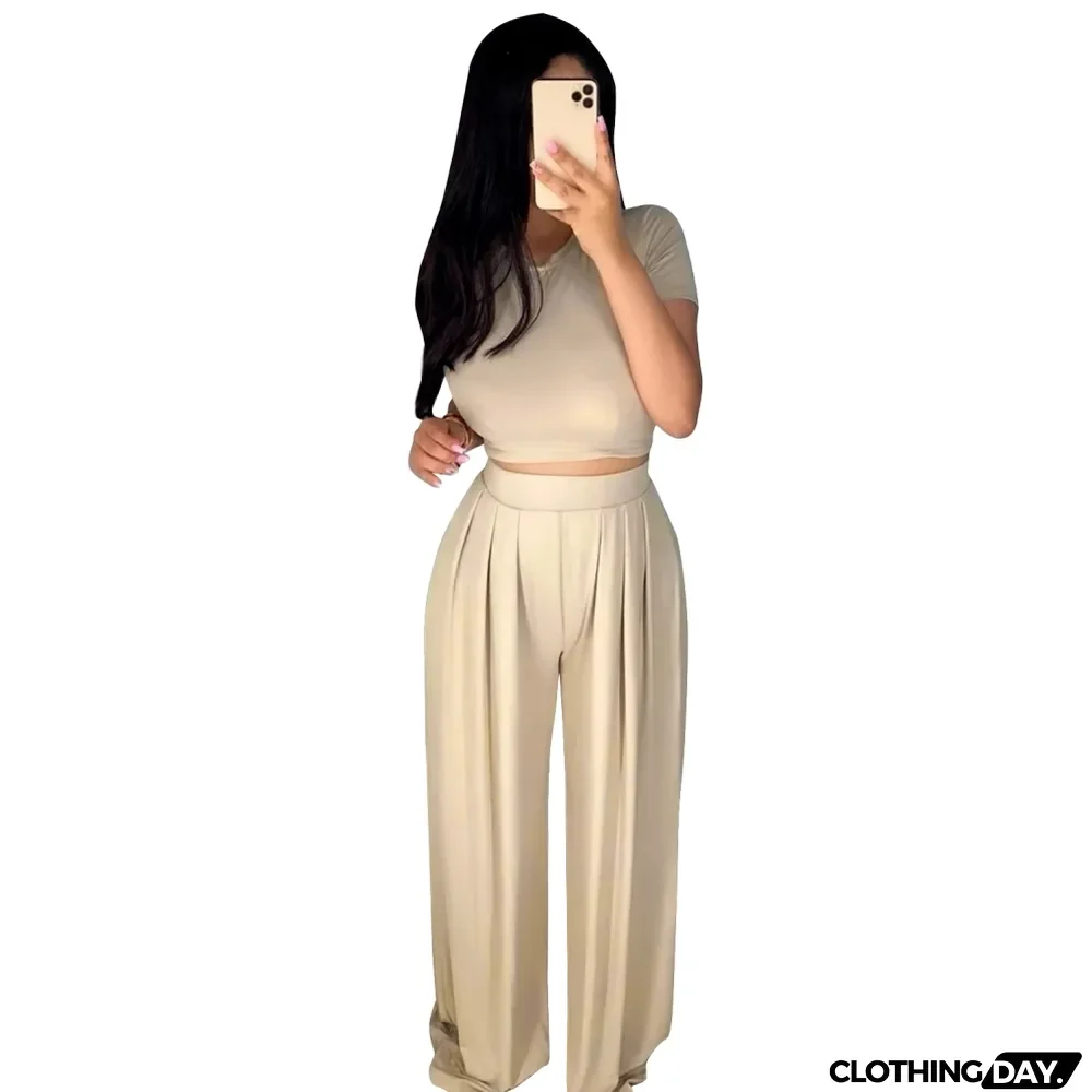 Summer Sexy Plain Crop Top and Pleated Loose Pants Set