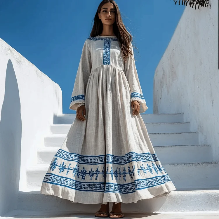 Vintage Classic Greek Key Round Neck Linen Blend Maxi Dress