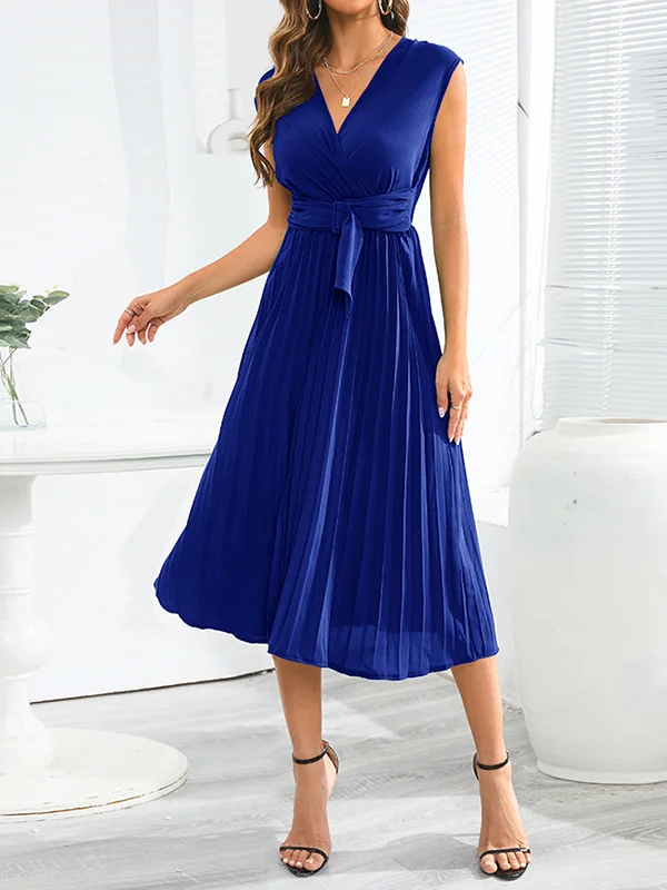 V-Neck Midi Dresses with Sleeveless Design, Pleated Details, and Tied Waist