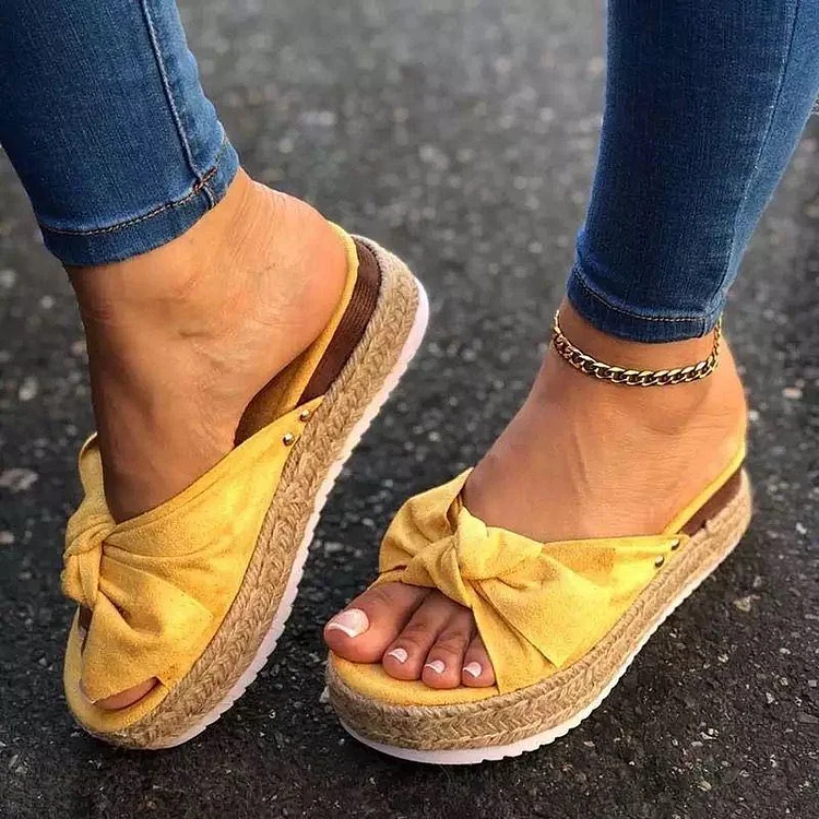 Women Chunky Hemp Rope Bow Slides Platform Sandals