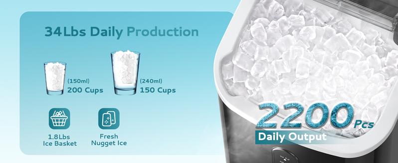 Product Introduction of EUHOMY Nugget Ice Maker Countertop with Handle, Ready in 6 Mins, 33lbs/24H, Removable Top Cover, Auto-Cleaning, Portable Pebble Ice Maker with Basket and Scoop, for Home/Kitchen/Party/Camping 1