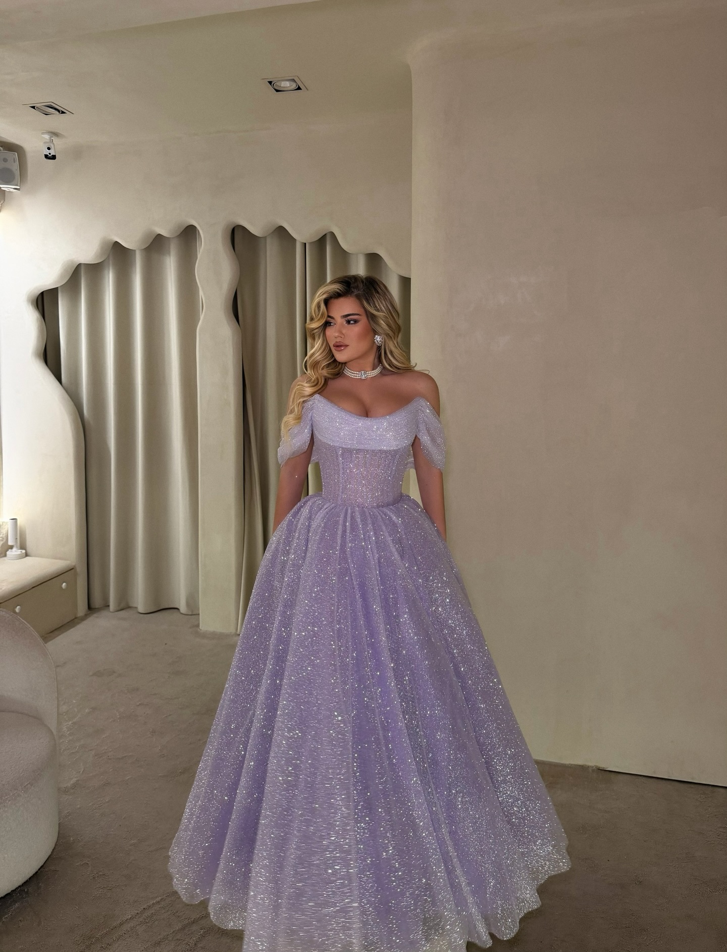 Lussooy Dreamy Lilac Off the Shoulder A Line Long Prom Dress with Sequins 
