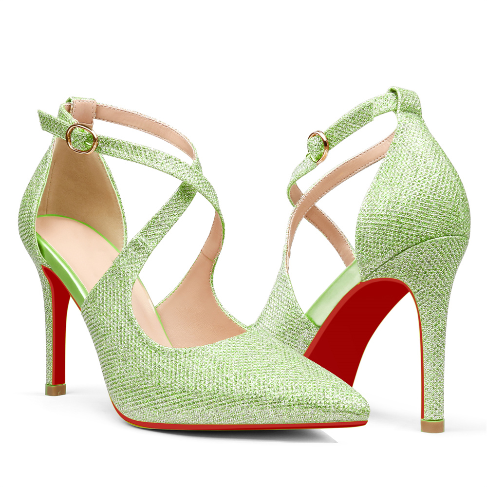 95mm Women's Pointed Toe Cross Strap Heels Ankle Strap Sandals Red Bottoms Pumps Shoes glitter-MERUMOTE
