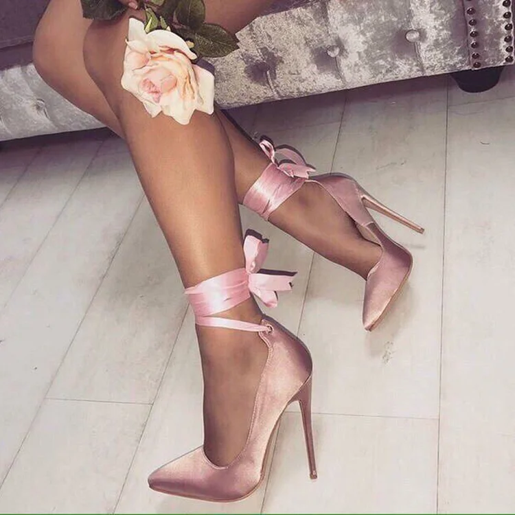Pink Satin Pointy Toe Stiletto Heels Strappy Pumps |FSJ Shoes