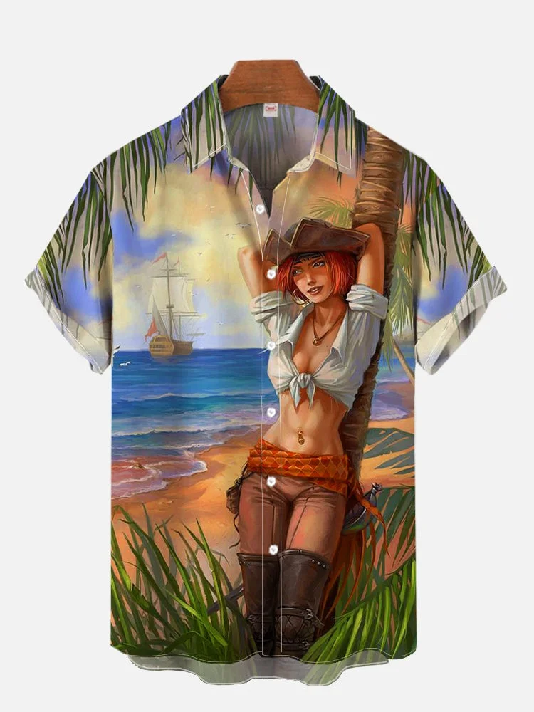 Kakacloud 1970S-1980S Vintage Pin Up Girl Poster Hawaiian Beach Cowgirl Printing Short Sleeve Shirt Fashion Hawaiian Shirt For Men Hrajuku