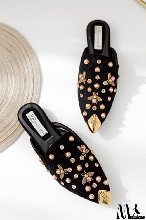 MidiSono - Metal Pearl Bee Mules Flats