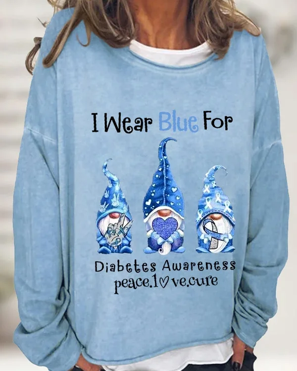 Women's I Wear Blue For Diabetes Awareness Gnomes Graphic Long-Sleeve T-Shirt