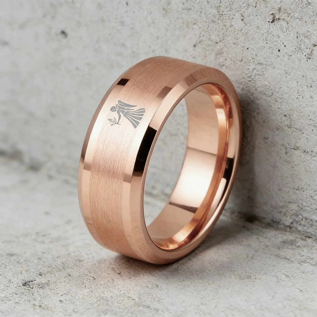 Beveled Edges Rose Gold Laser Etched Tungsten Carbide Ring Rose Gold Virgo Couple Wedding Band 4MM 6MM 8MM