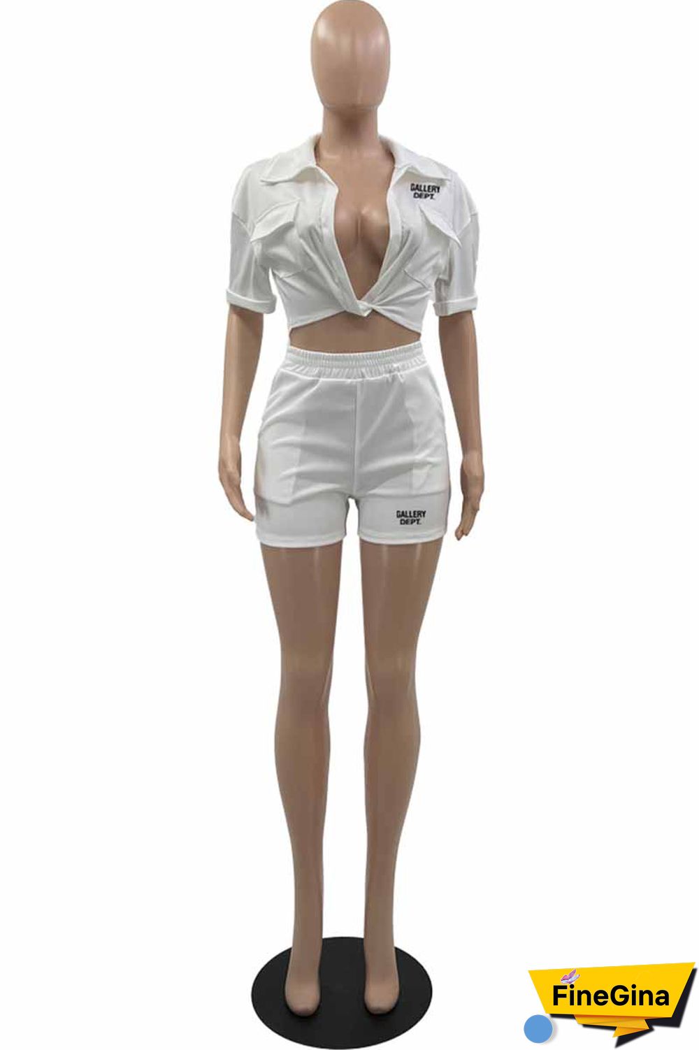 Blue Street Print Letter Turndown Collar Short Sleeve Two Pieces