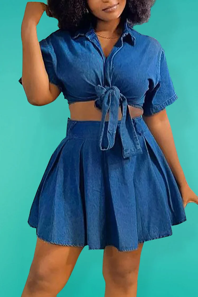 Plus Size Daily Blue Spring Summer Shirt Collar Short Sleeve Pocket Denim Two Piece Skirt Sets