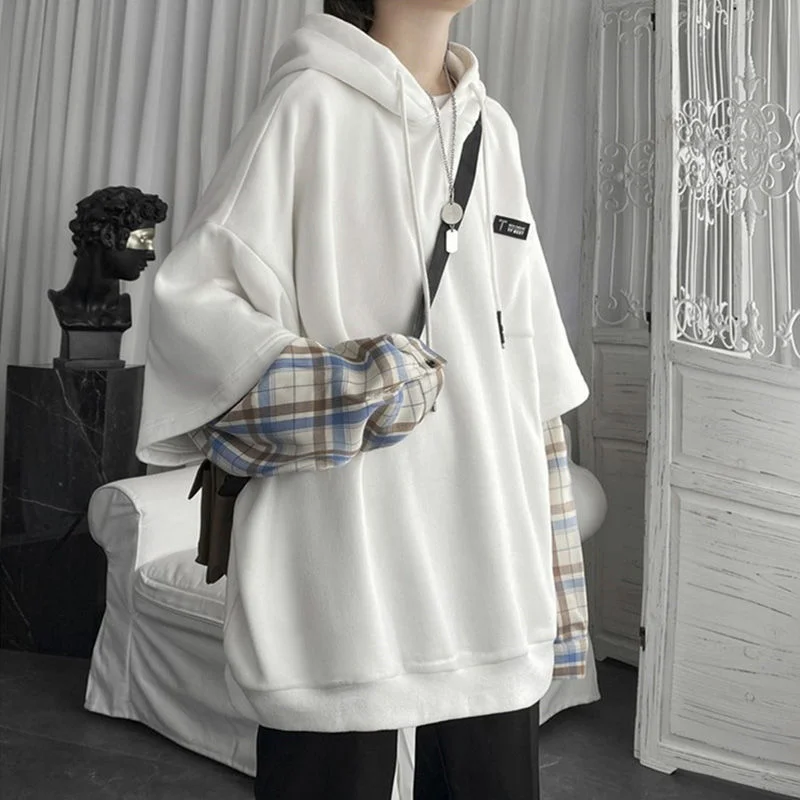 Nigikala Women's Clothing Fake Two Hoodies Patchwork Plaid Hooded Oversized Tops Korean Y2K Clothes for Teens Harajuku Casual Sweatshirt