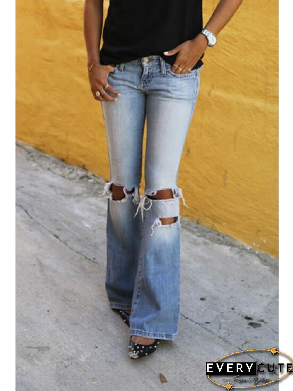 Low Waist Ripped Casual Flared Jeans P13422