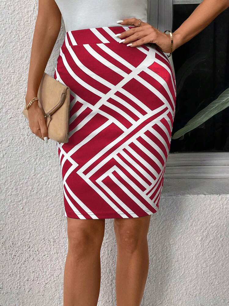 Women's Summer Contrast Color Pattern Print Pencil Skirt
