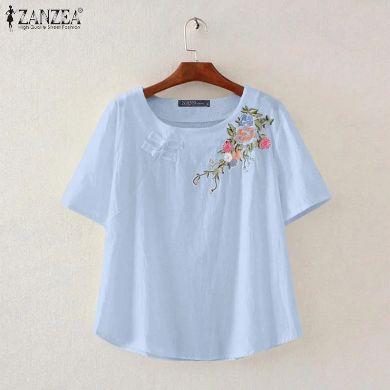 2022 Summer Womens Blouse ZANZEA Floral Embroidered Tops Tunic Fashion Loose Short Sleeve Blusa Casual O Neck Cotton Blouse