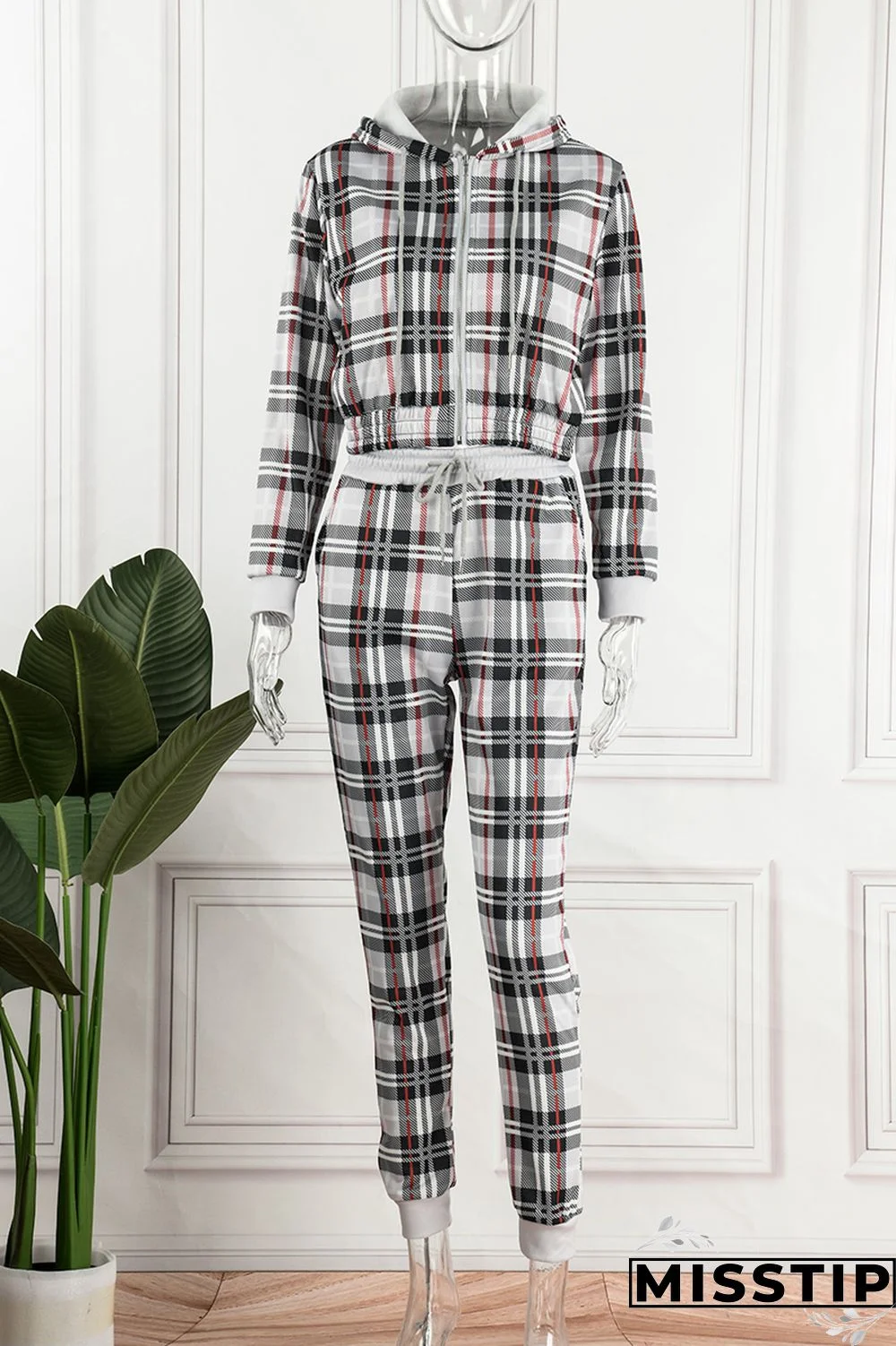 Pink Casual Plaid Print Patchwork Hooded Collar Long Sleeve Two Pieces