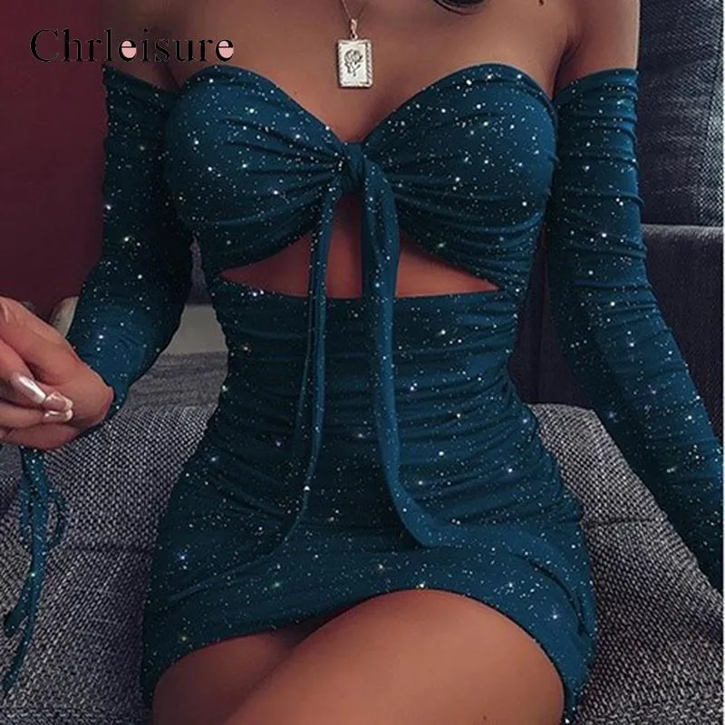 Sexy Shiny Hollow Out Sequins Dress 2020 Fashion Lace Women Dress Long Sleeve Wrinkles Off Shoulder Femme Dresses