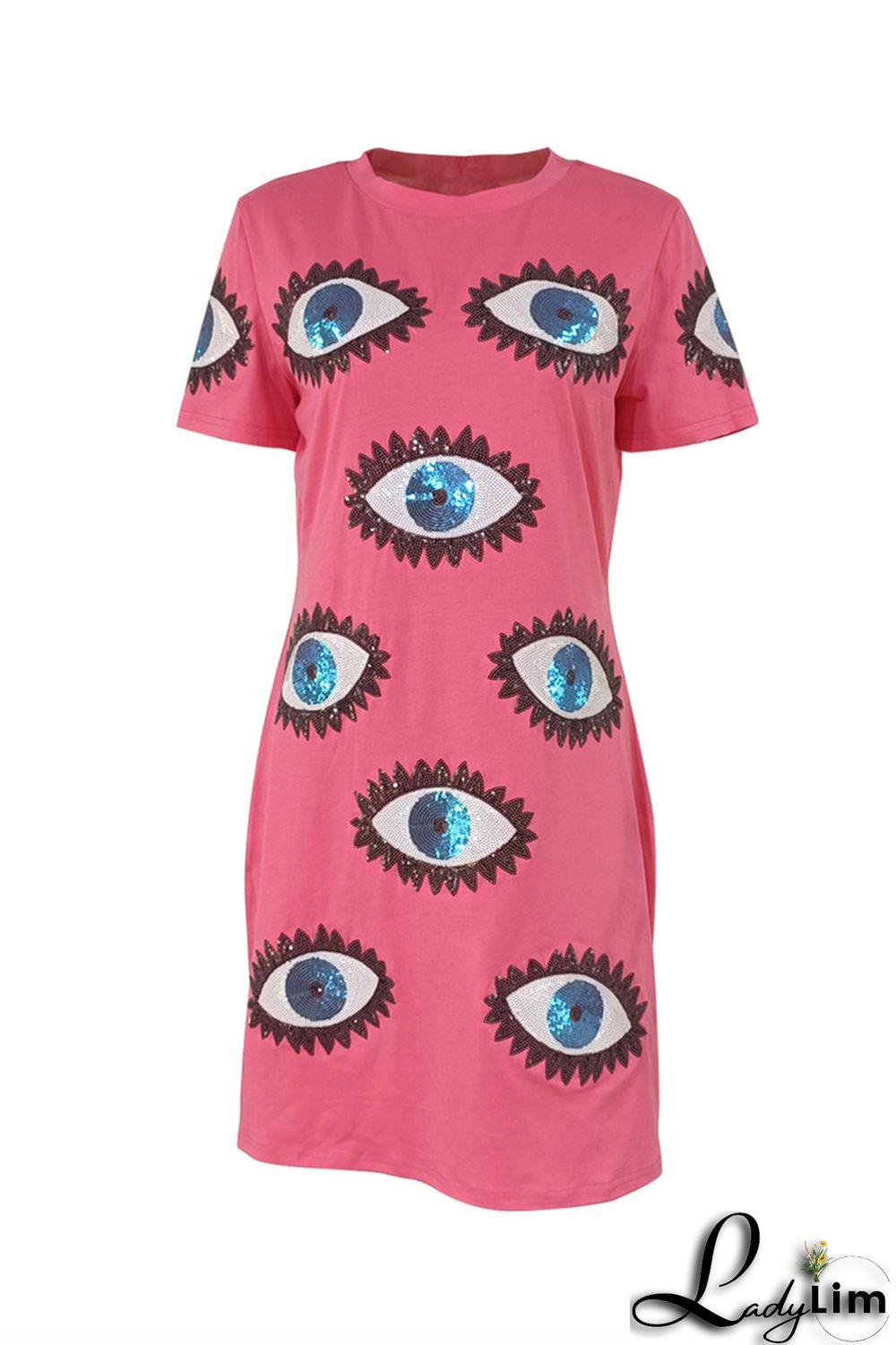 Rose Red Fashion Casual Patchwork Sequins O Neck T-shirt Dress