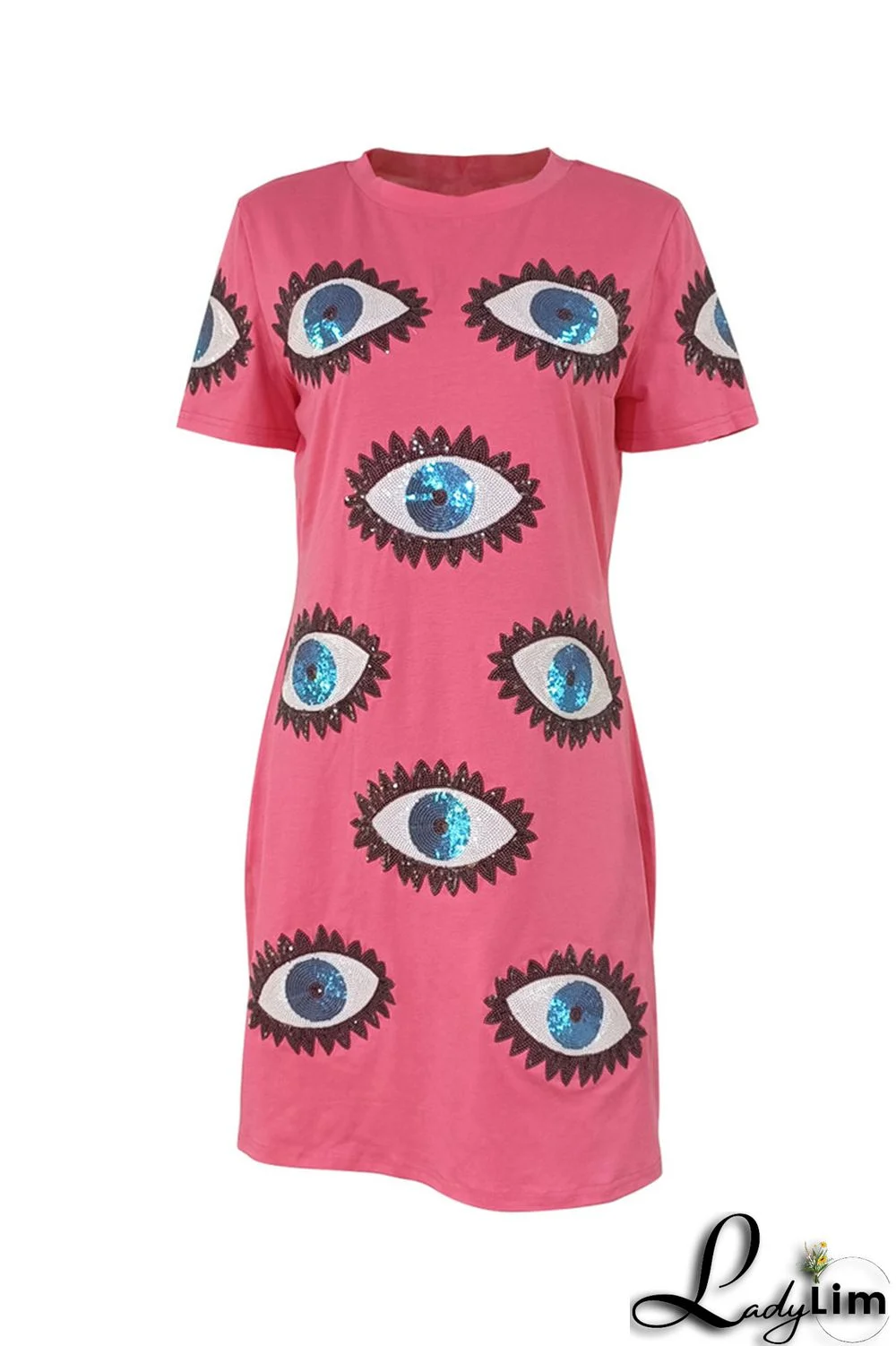 Rose Red Fashion Casual Patchwork Sequins O Neck T-shirt Dress