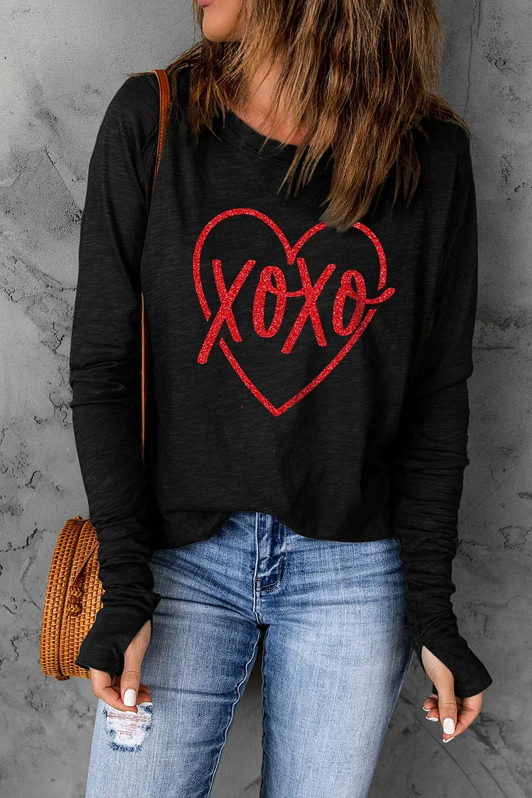 Heart-Shaped Xoxo Round Neck Casual Sweatshirt