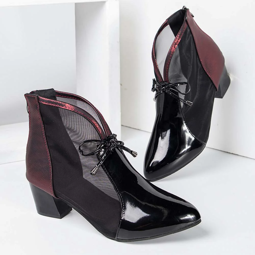 Black Pointed Toe Leather Boots With Hallow Lace Up Chunky Low Heel Ankle Boots Nicepairs