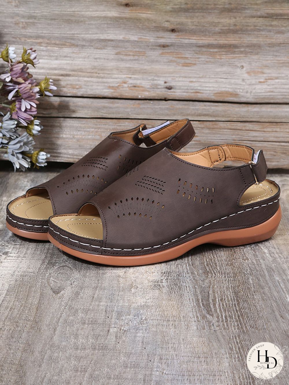 Cutout Velcro Vintage Casual Velcro Wedge Sandals