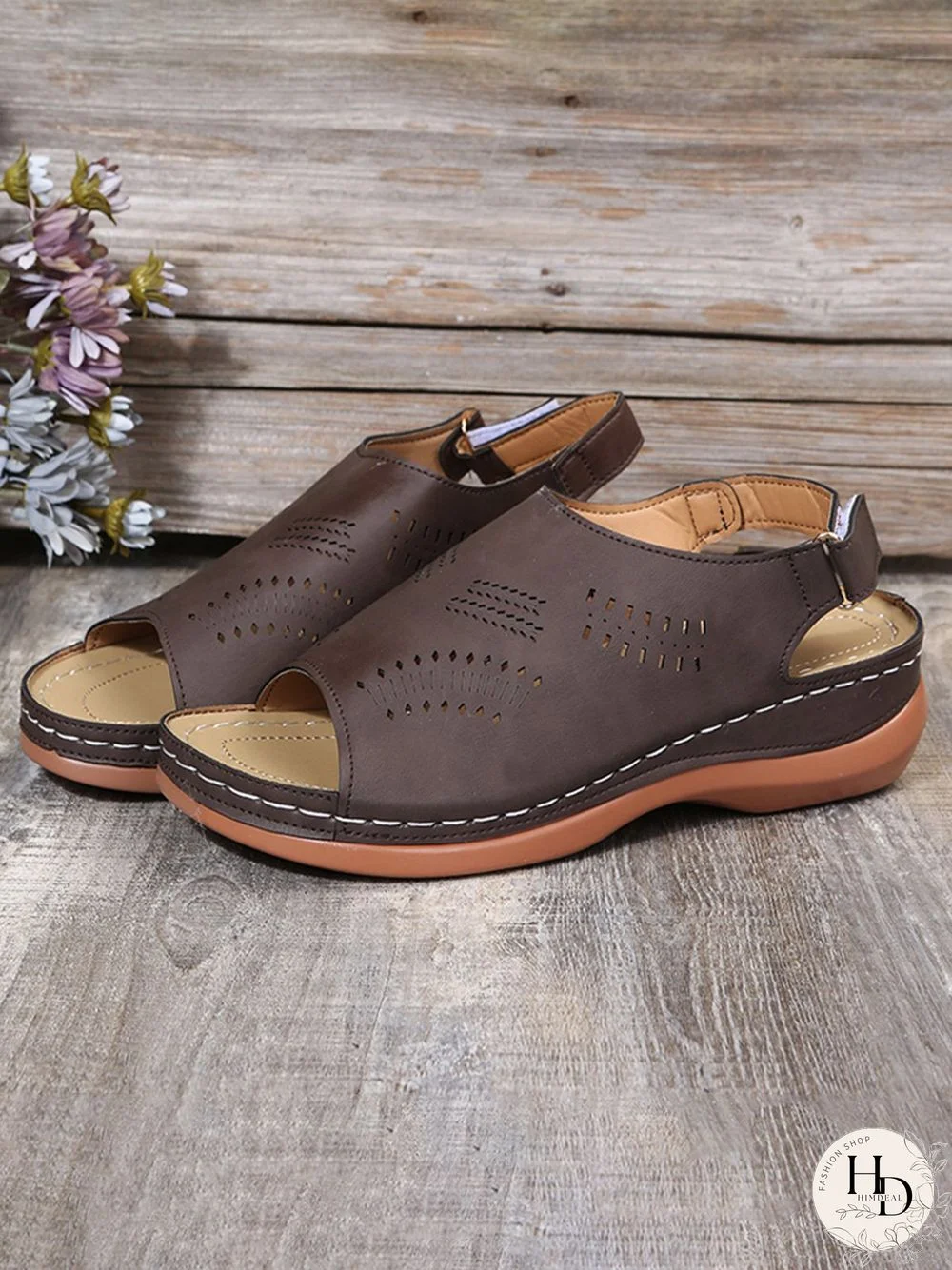 Cutout Velcro Vintage Casual Velcro Wedge Sandals