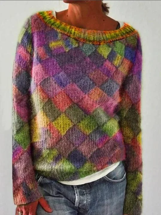 Women Long Sleeve Scoop Neck Plaid Stitching Top