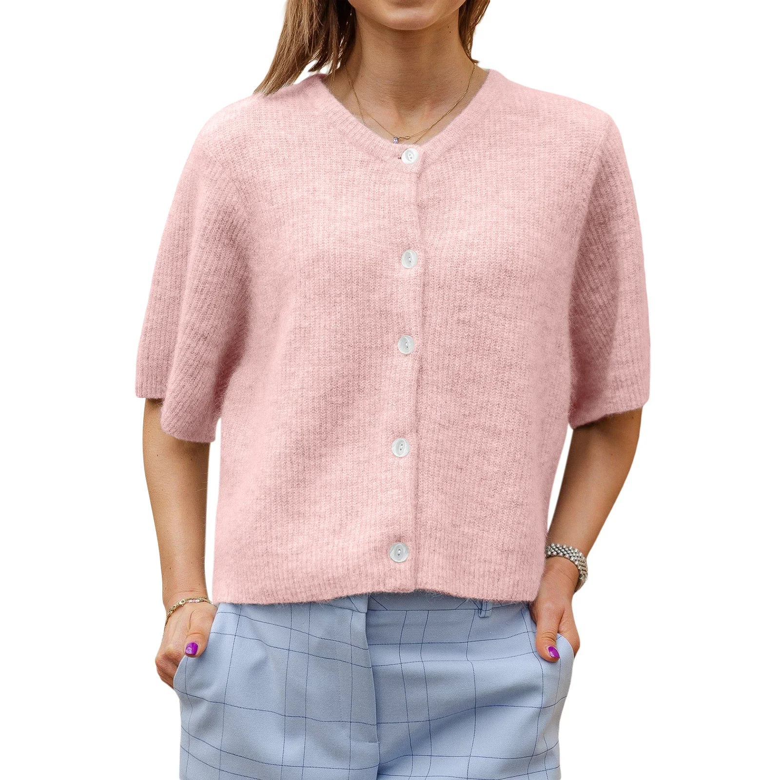Karastik costumes for adult women Women's Solid Color Cardigan Short Sleeve Round Neck Button Down Sweater Knit Tops