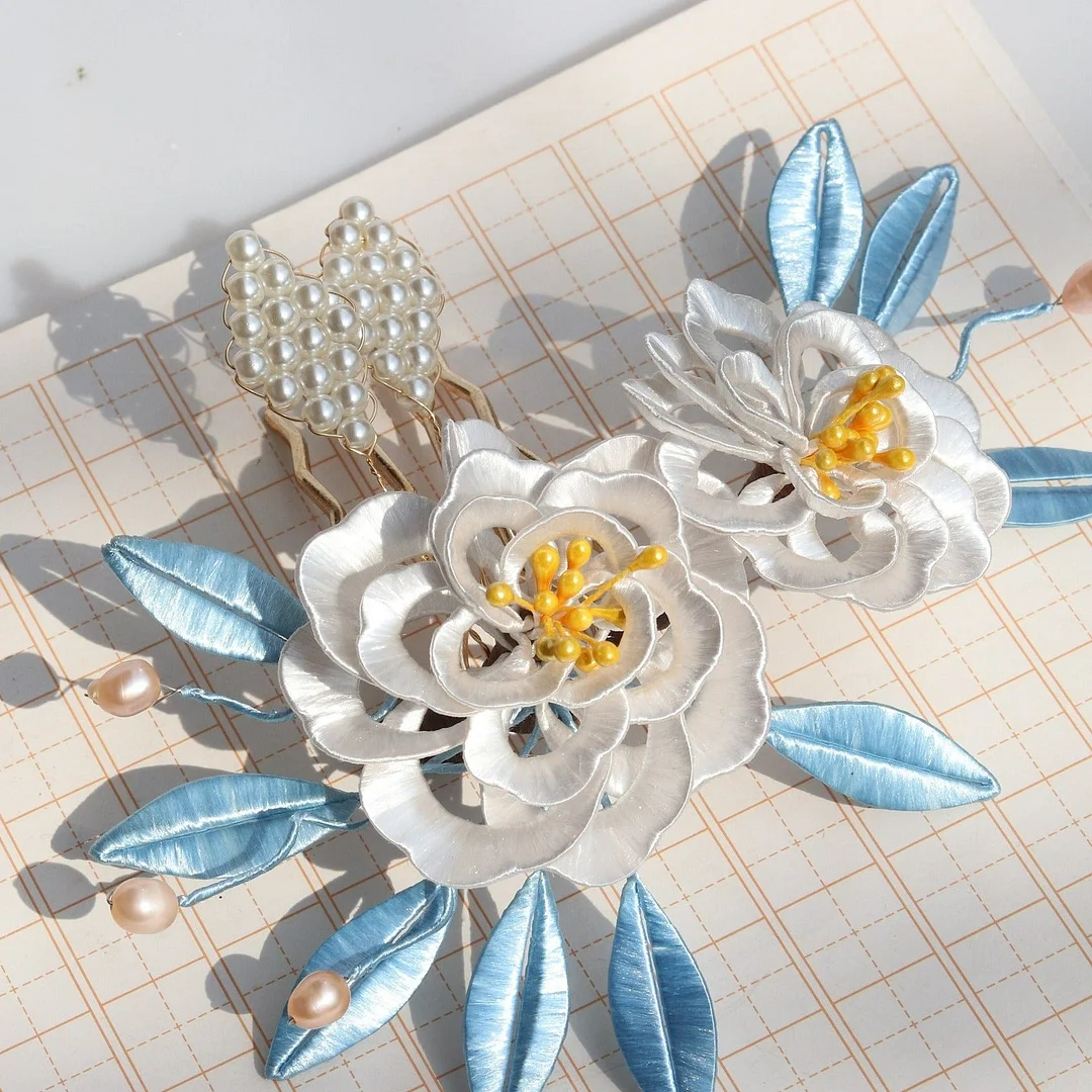Silk Wrapped Flowers Pearl Hairpin Hanfu Headdress