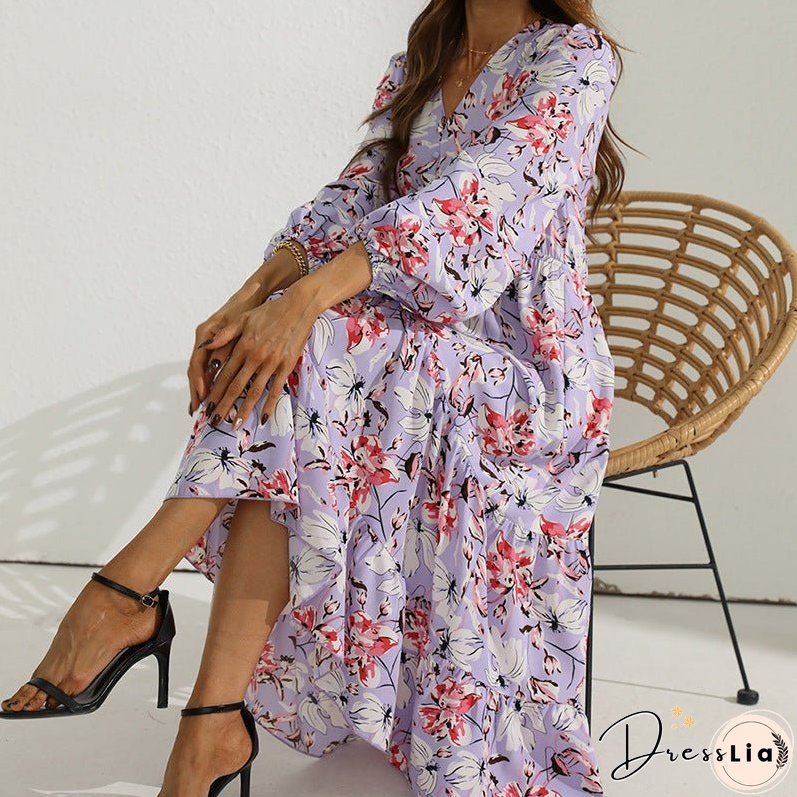 Autumn/winter new womenswear women's print maxi dress V-neck puff sleeve long dress