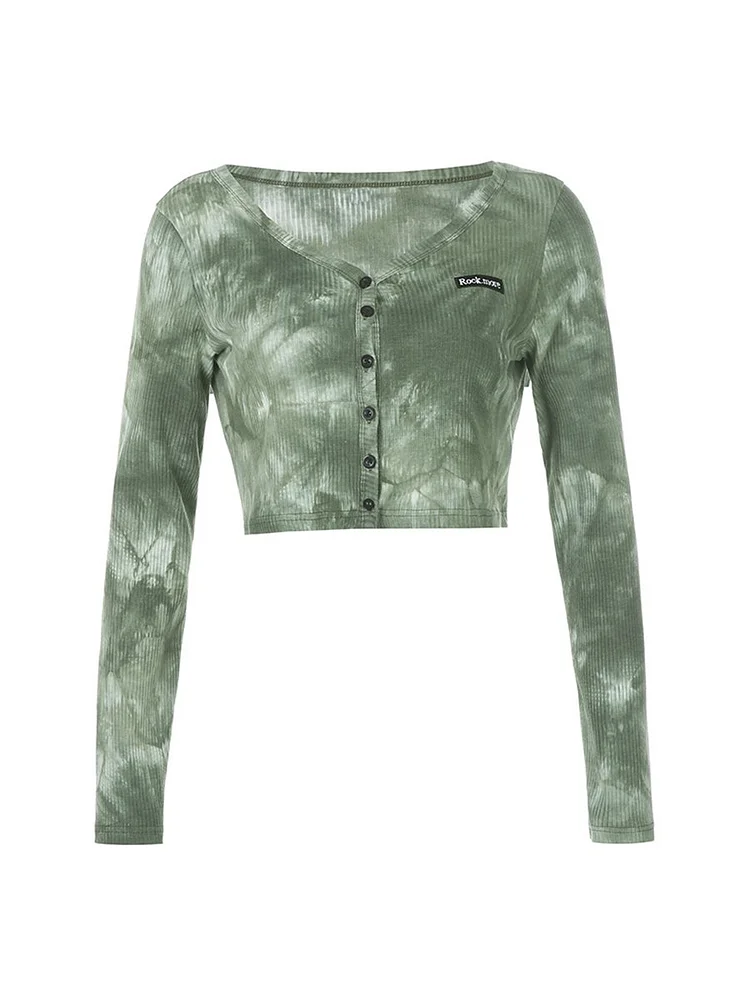 Mayoulove Women's Coat Ink Painting Embroidery Tie-dye Knitted V-neck Casual Cropped Cardigan-Mayoulove