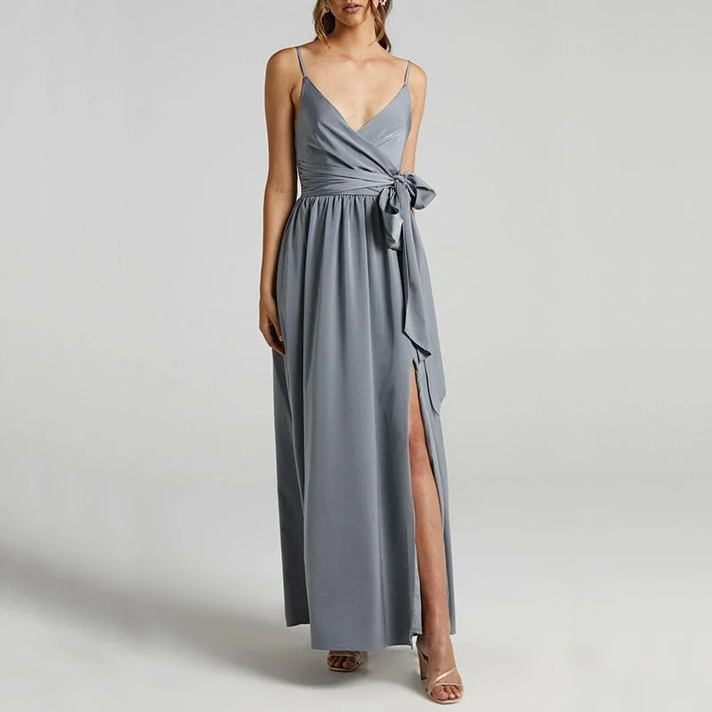 Ordifree 2022 Summer Women Satin Long Dress Spaghetti Strap Sexy Backless Slit Party Maxi Silk Slip Dress