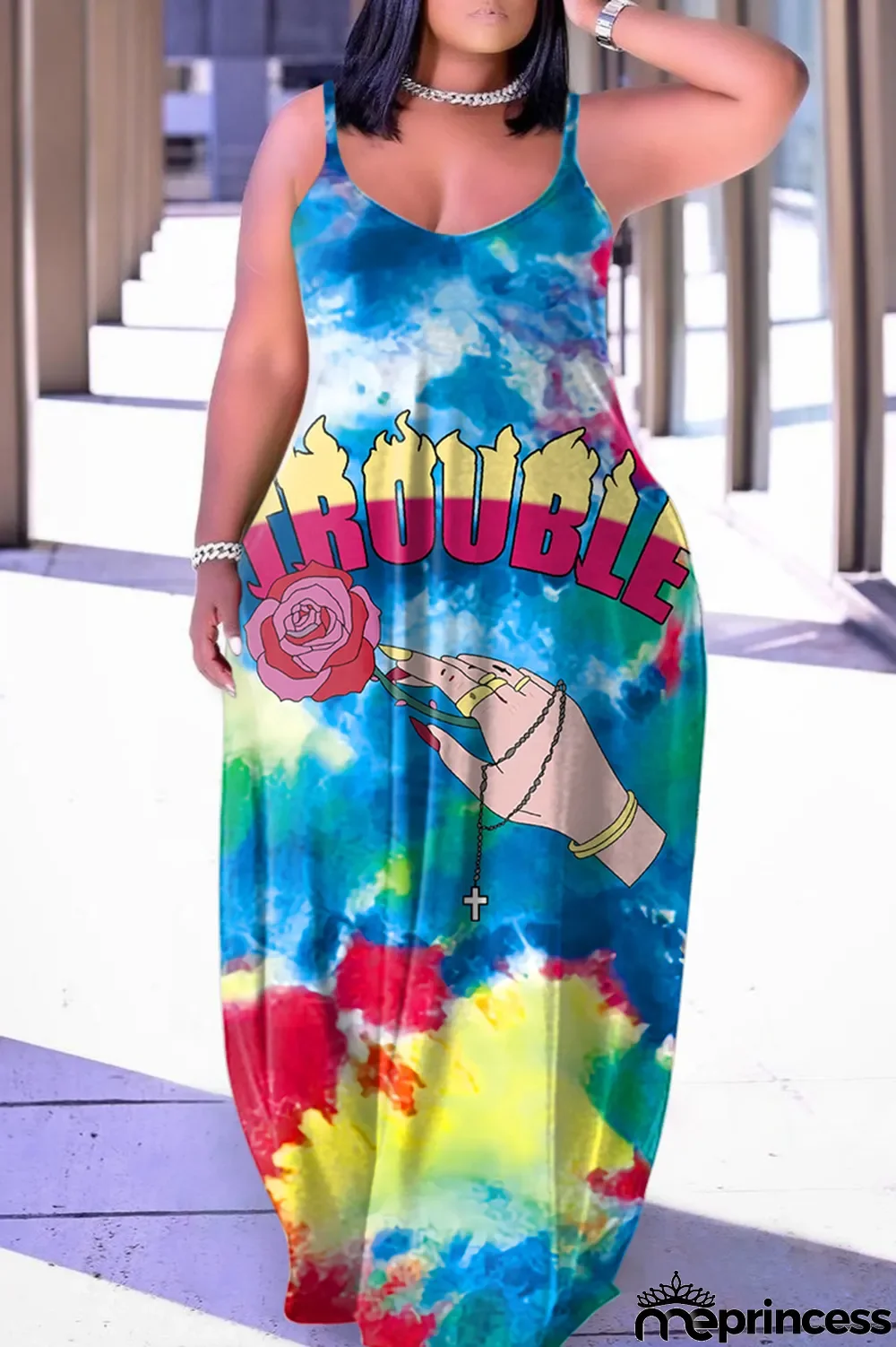 Yellow Sexy Casual Print Backless Spaghetti Strap Long Dress Dresses