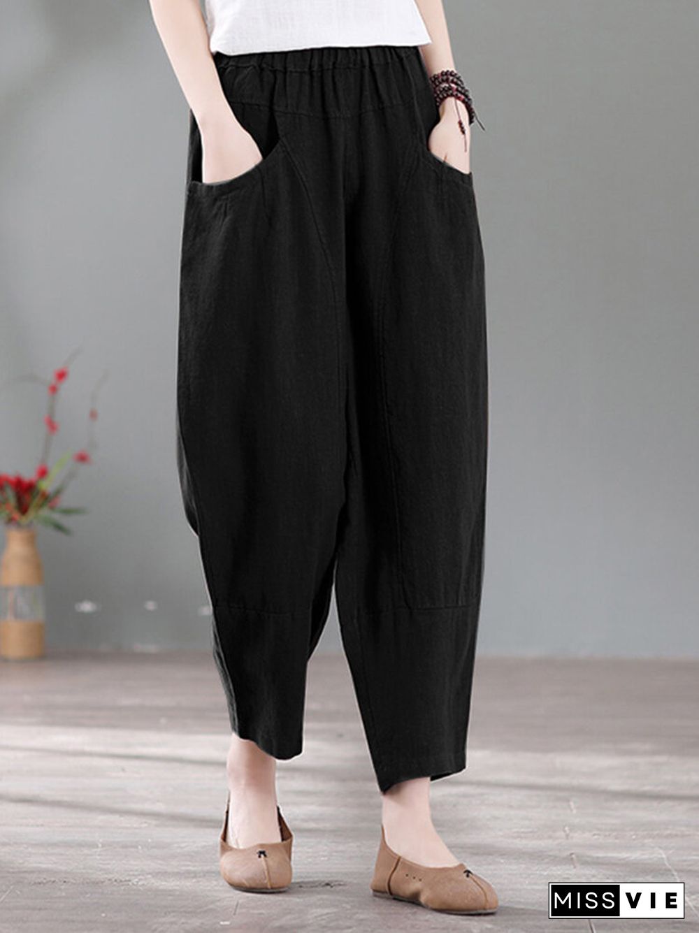 Solid Pocket Casual Cotton Pants