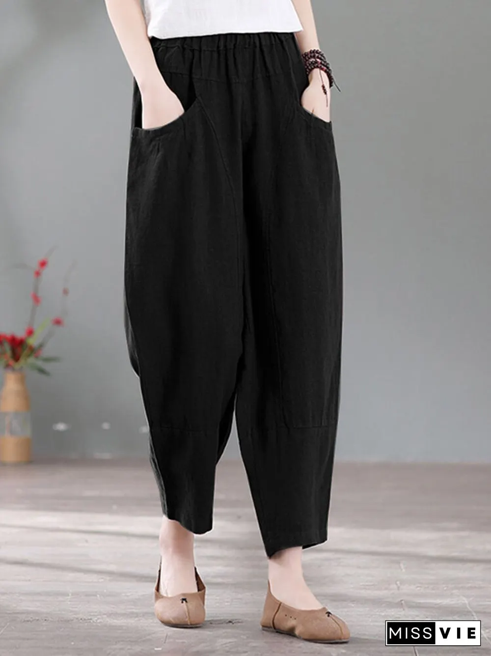 Solid Pocket Casual Cotton Pants