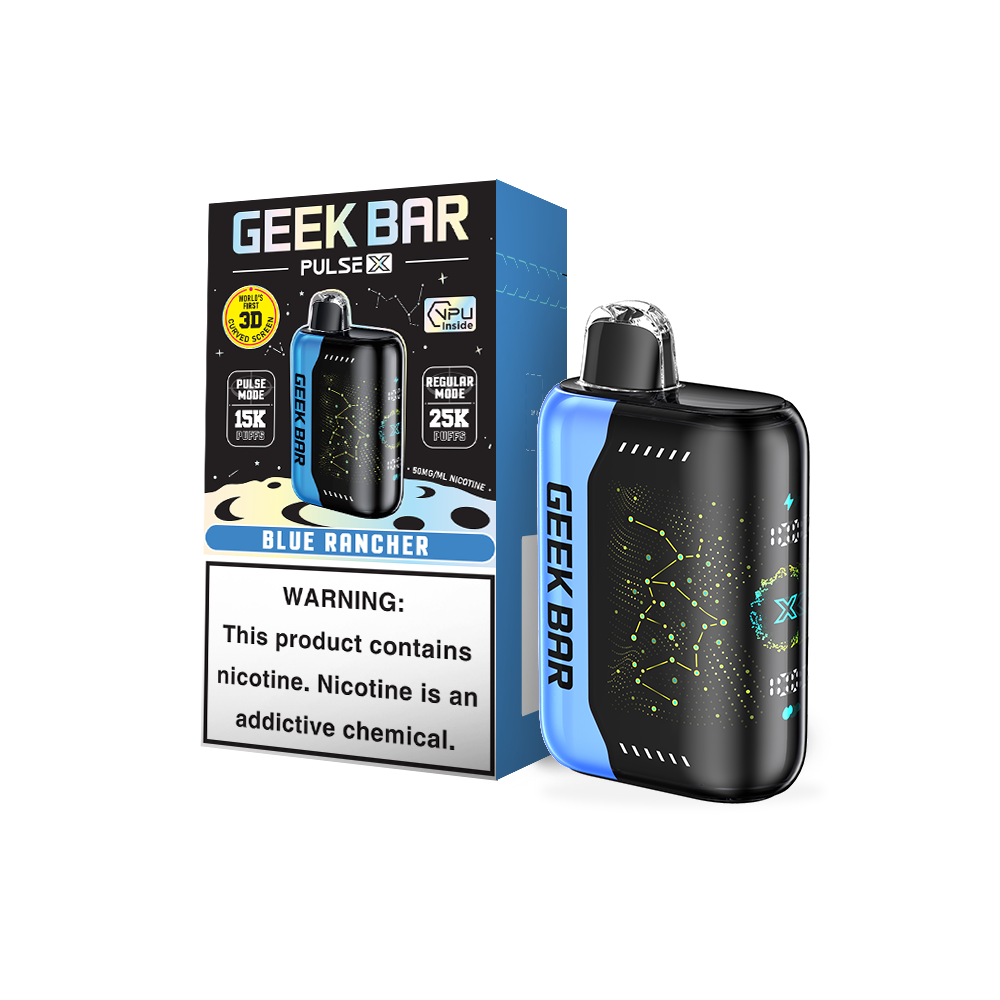 Geek Bar Pulse X disposable device in Blue Rancher flavor, 25K regular mode puffs, 15K pulse mode puffs.