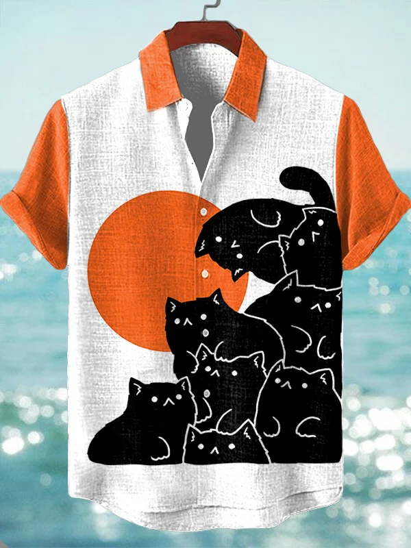 Men's A Group Of Black Cats Color Block Art Print Short Sleeve Shirt