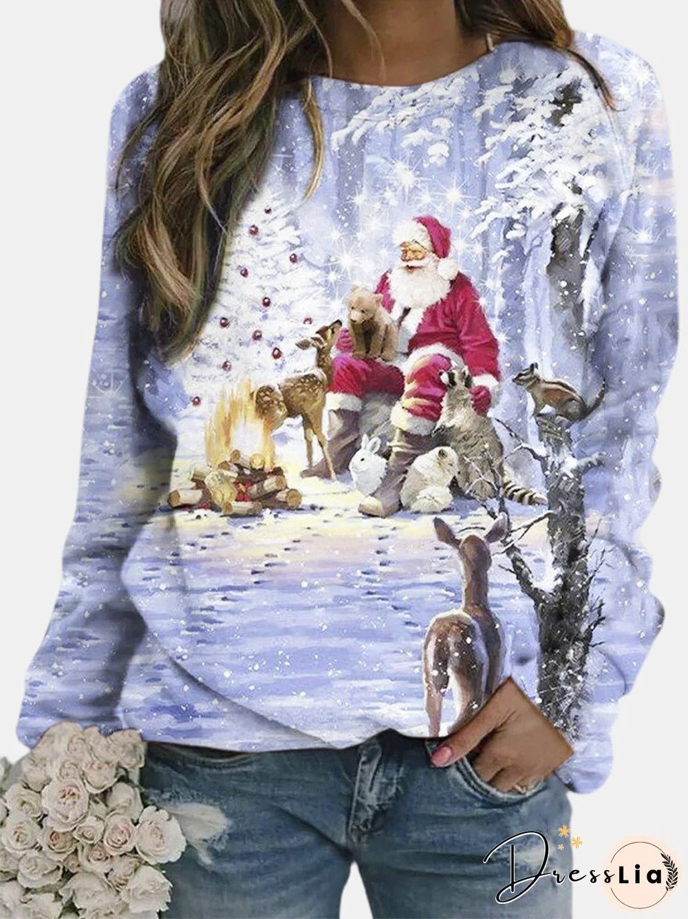 Christmas Santa Printed O-neck Pullover Graphic Sweatshirt For Women