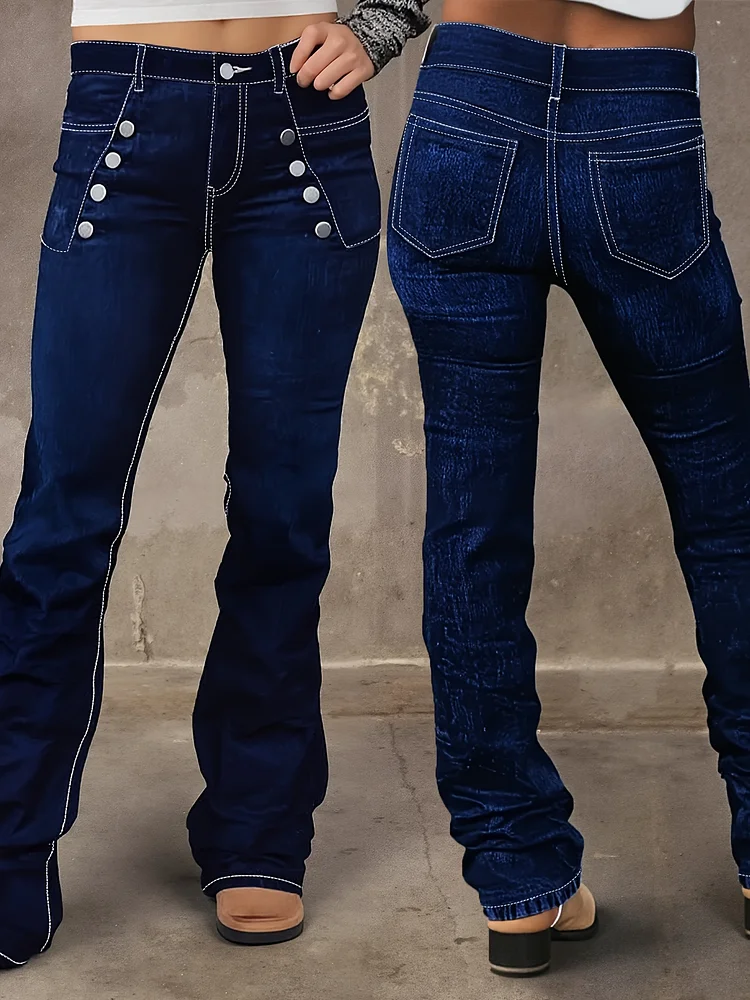 Women's High-Waist Washed Denim Jeans With Button Decor, Square Pockets & Flared Legs - Stretchy Slim Fit Retro Streetwear For All-Season Casual Wear, High Waisted Jeans, Versatile Fashion, Durable Fabric