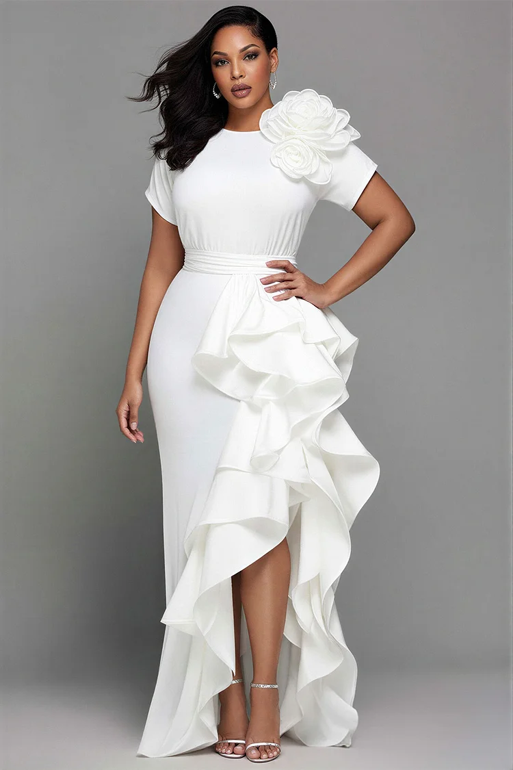 Xpluswear Design Plus Size Wedding Elegant White Round Neck Short Sleeve Ruffle 3D Maxi Dresses [Pre-Order] 2024 - Xpluswear